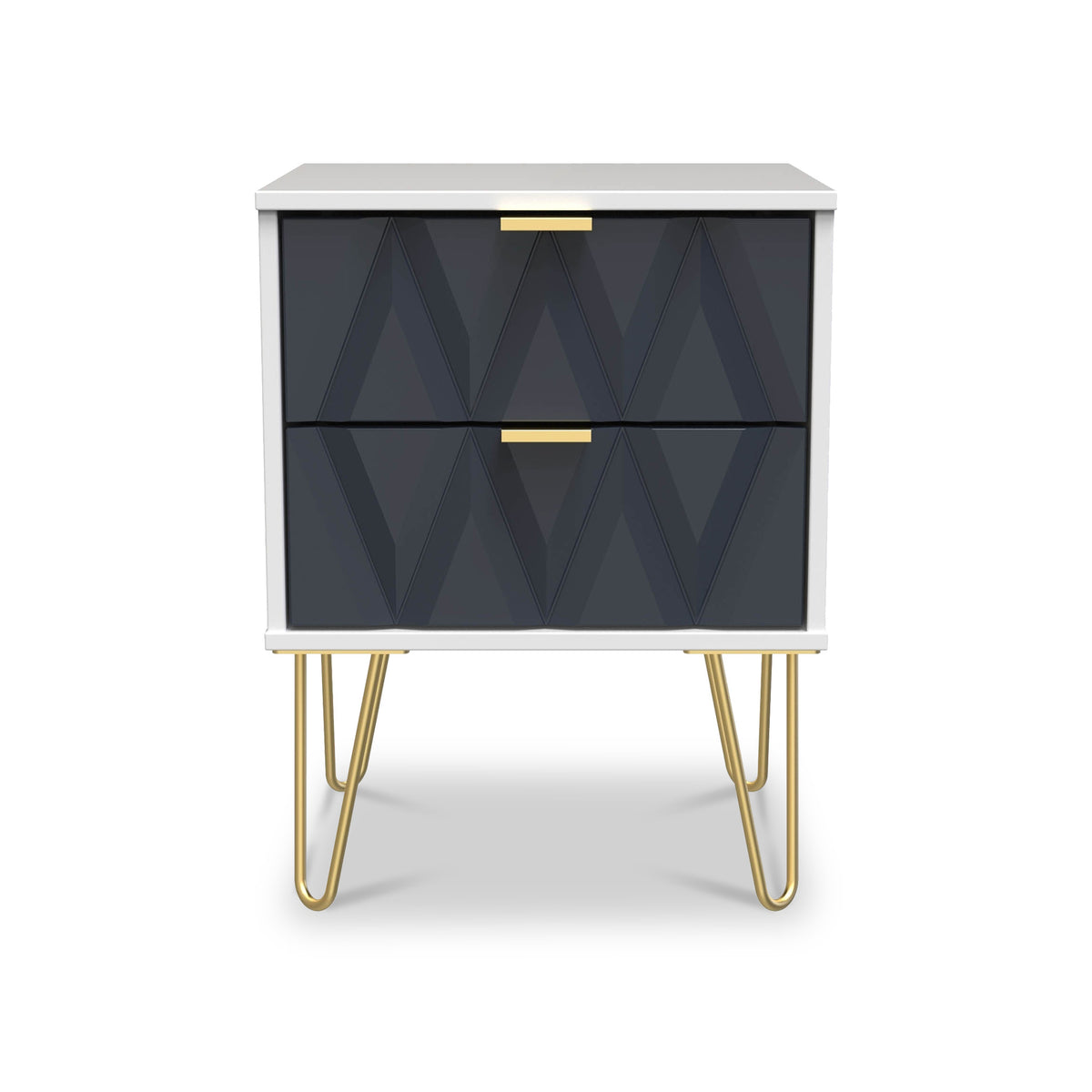 Geo White and Navy 2 Drawer Bedside Table Cabinet with Gold Hair Pin Legs from Roseland Furniture