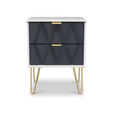 Geo White and Navy 2 Drawer Bedside Table Cabinet with Gold Hair Pin Legs from Roseland Furniture
