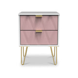 Geo White and Pink 2 Drawer Bedside Table Cabinet with Gold Hair Pin Legs from Roseland Furniture