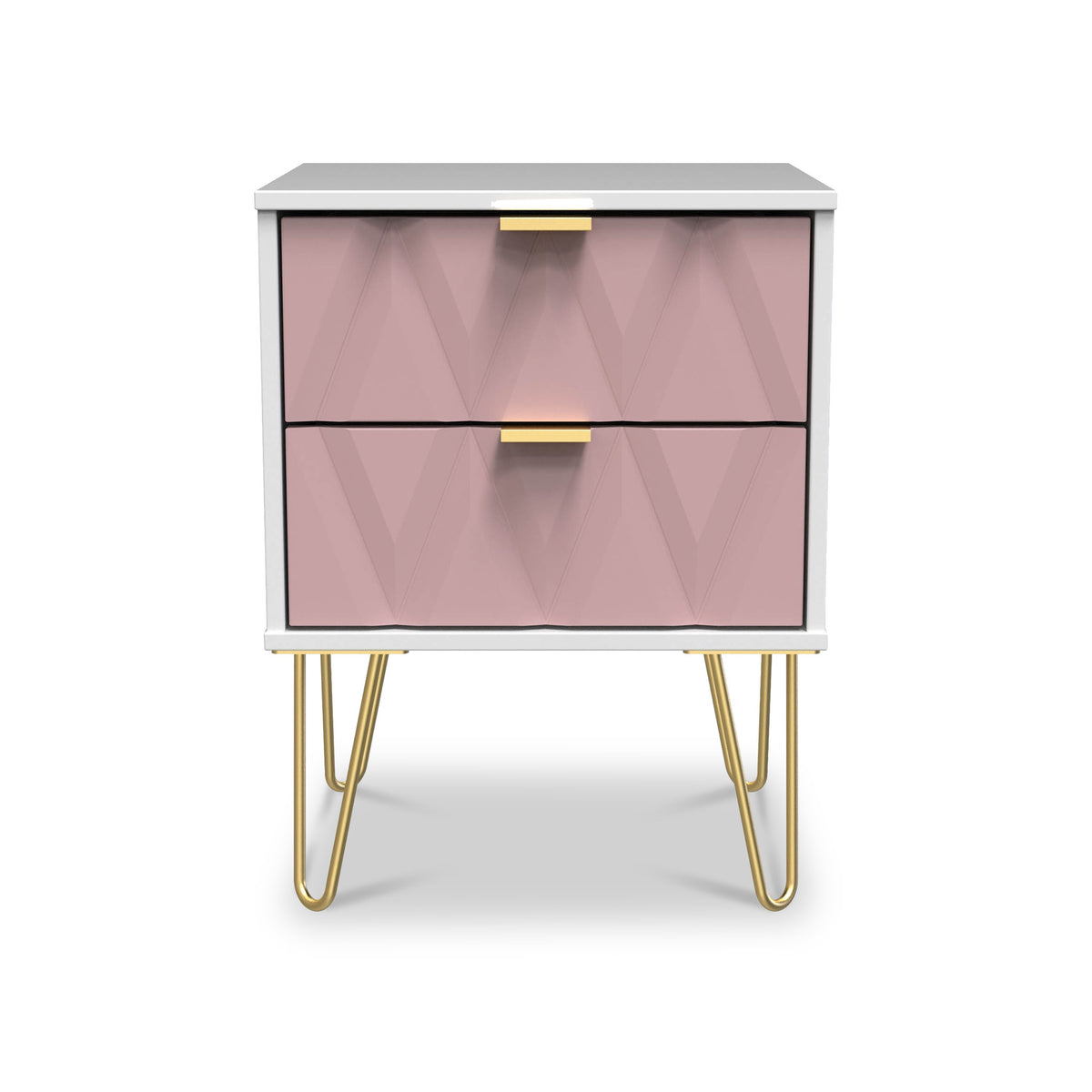 Geo 2 Drawer Bedside Table with Wireless Charging and Gold Hairpin legs in Pink White by Roseland Furniture
