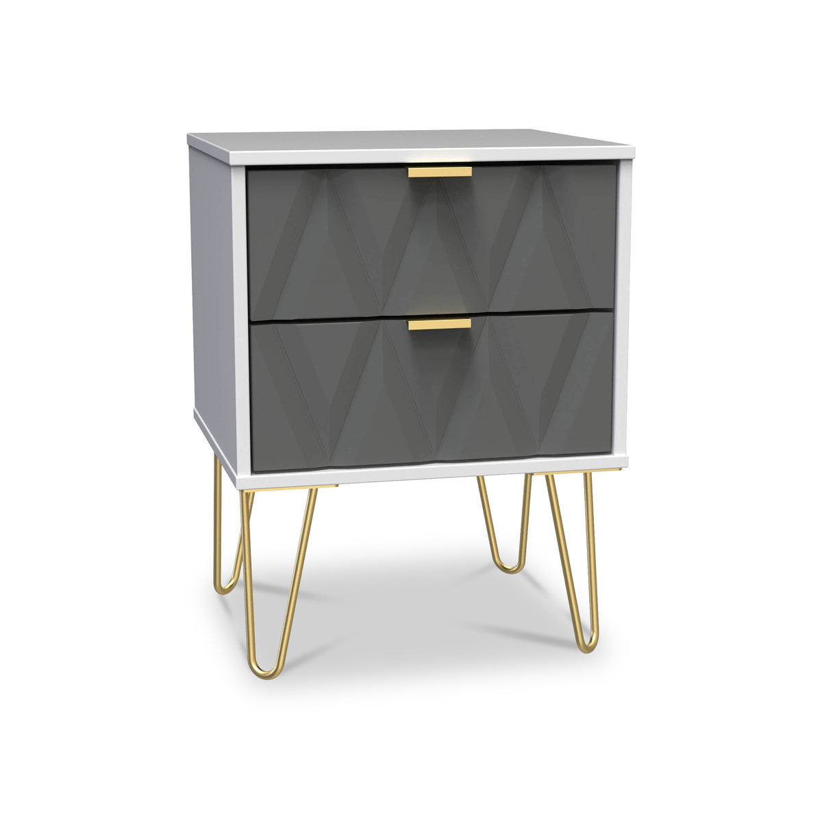 Geo White and Grey 2 Drawer Bedside Table Cabinet with Gold Hair Pin Legs from Roseland Furniture