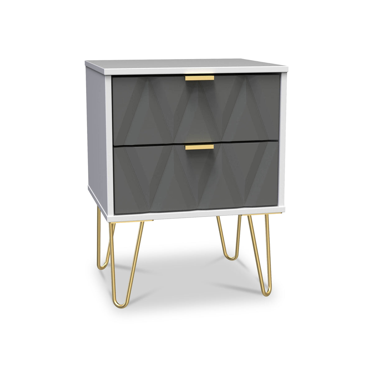 Geo 2 Drawer Bedside Table with Wireless Charging and Gold Hairpin legs in Grey White by Roseland Furniture