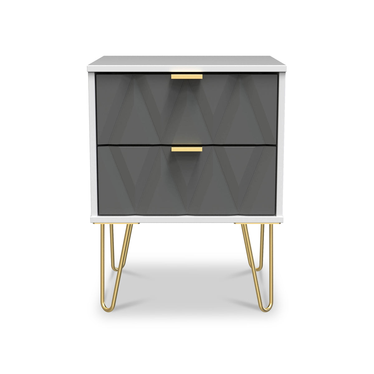 Geo White and Grey 2 Drawer Bedside Table Cabinet with Gold Hair Pin Legs from Roseland Furniture