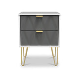 Geo White and Grey 2 Drawer Bedside Table Cabinet with Gold Hair Pin Legs from Roseland Furniture