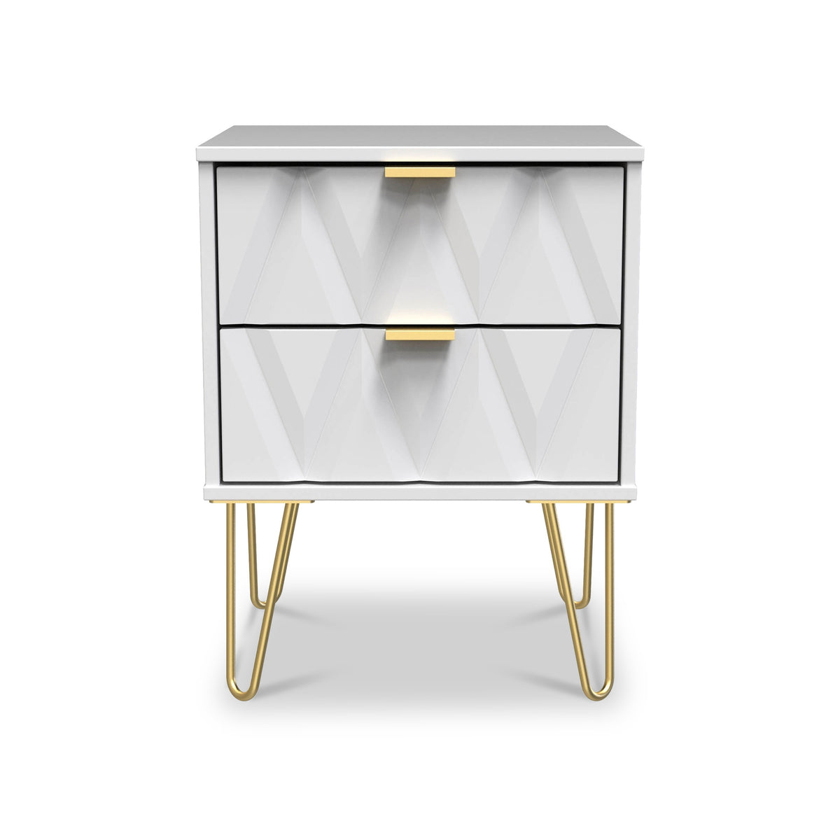 Geo White 2 Drawer Bedside Table Cabinet with Gold Hair Pin Legs from Roseland Furniture
