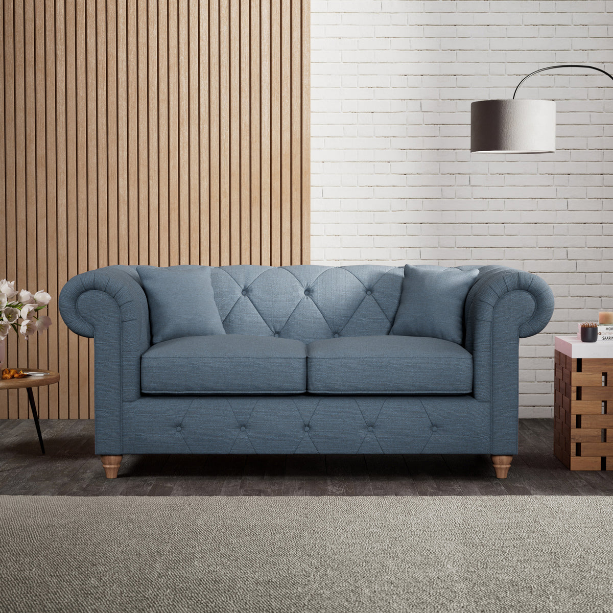 Everett 2 Seater Sofa Deep Blue Walnut Feet from Roseland Furniture
