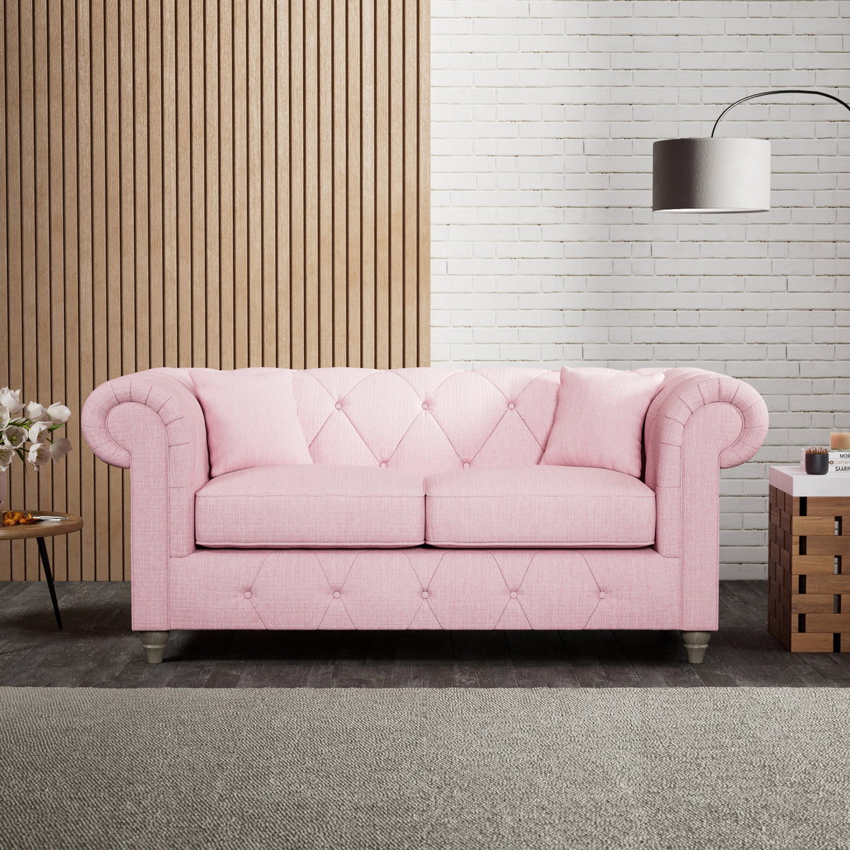 Everett 2 Seater Sofa Pink Washed Oak Feet from Roseland Furniture