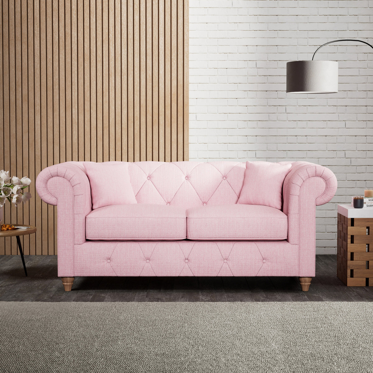 Everett 2 Seater Sofa Pink Walnut Feet from Roseland Furniture