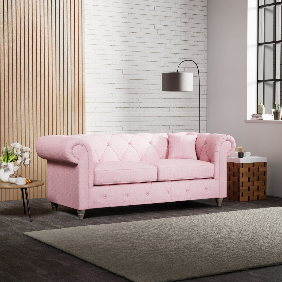 Everett 3 Seater Sofa Pink Washed Oak Feet from Roseland Furniture