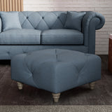 Everett Button Top Footstool Deep Blue Washed Oak Feet from Roseland Furniture