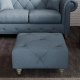 Everett Button Top Footstool Deep Blue Washed Oak Feet from Roseland Furniture