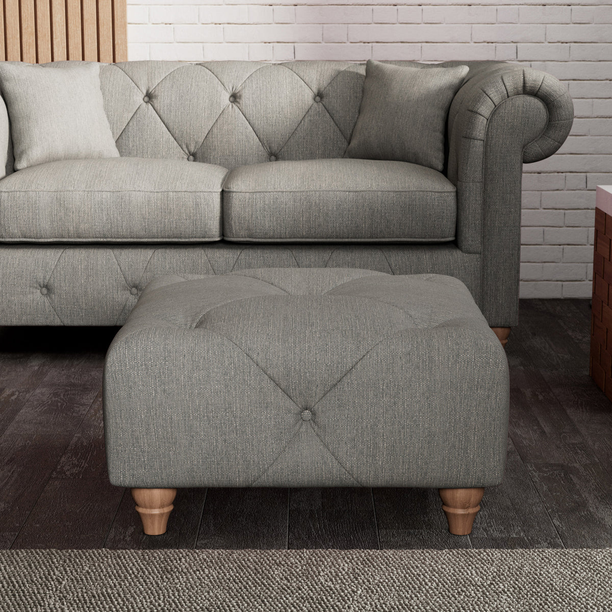 Everett Button Top Footstool Graphite Walnut Feet from Roseland Furniture