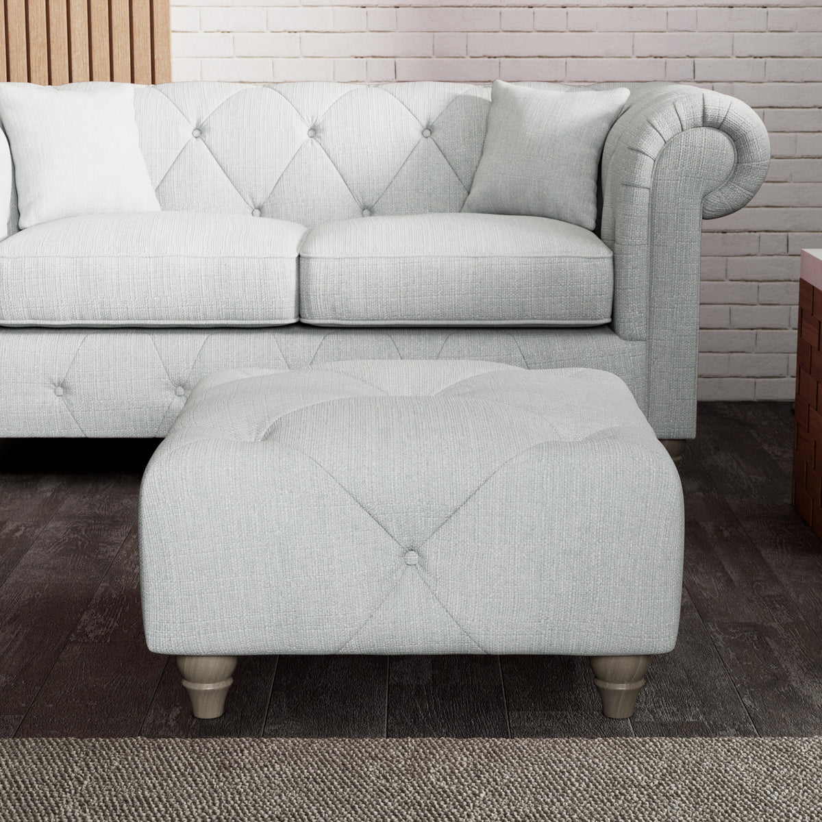 Everett Button Top Footstool Light Blue Washed Oak Feet from Roseland Furniture