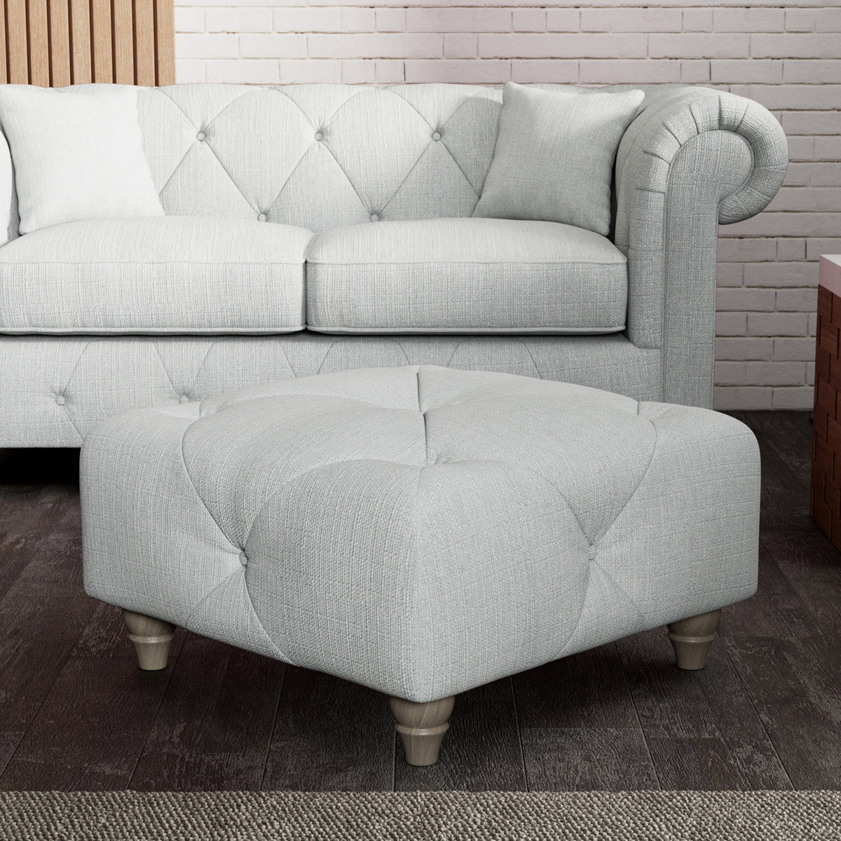 Everett Button Top Footstool Light Blue Washed Oak Feet from Roseland Furniture