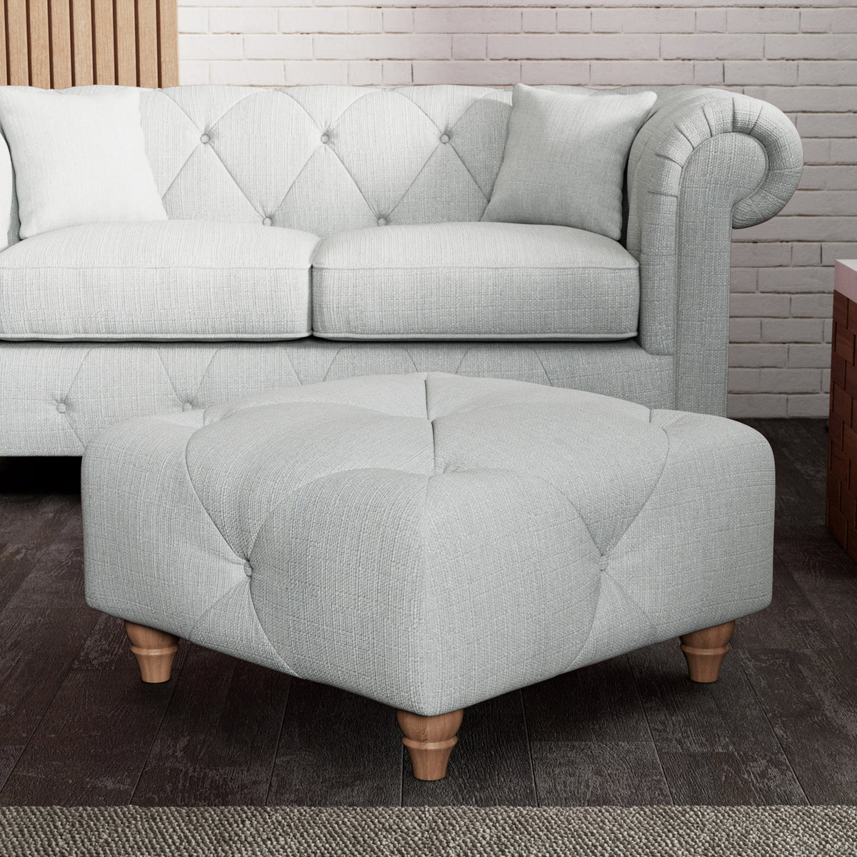 Everett Button Top Footstool Light Blue Walnut Feet from Roseland Furniture