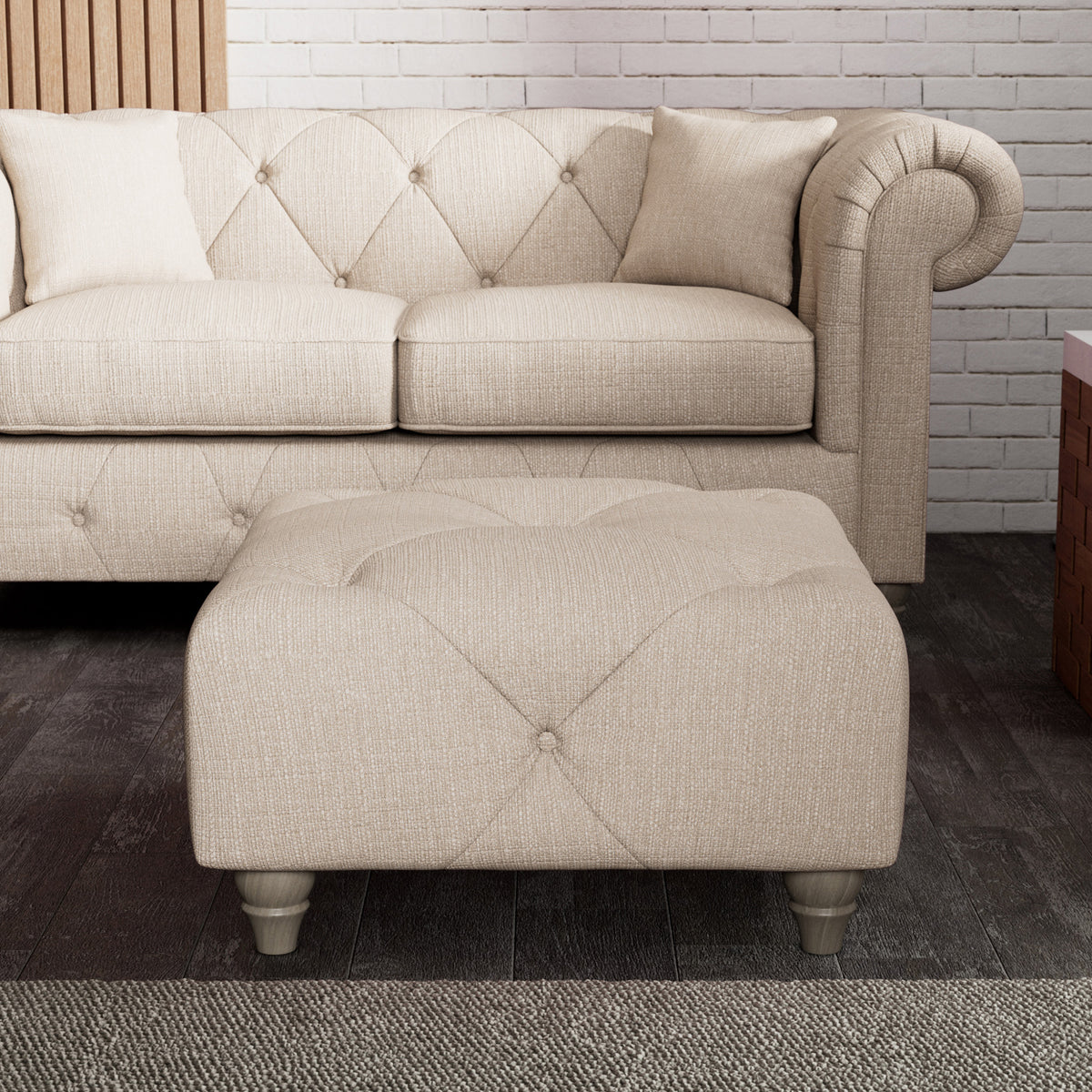 Everett Button Top Footstool Oyster Washed Oak Feet from Roseland Furniture