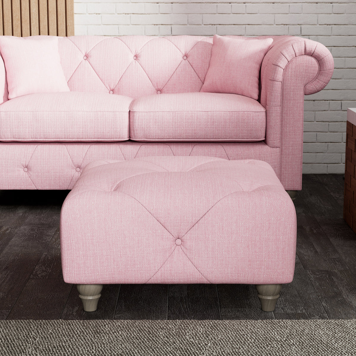 Everett Button Top Footstool Pink Washed Oak Feet from Roseland Furniture