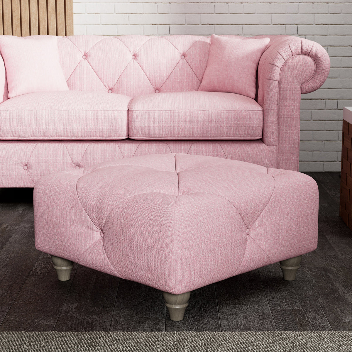 Everett Button Top Footstool Pink Washed Oak Feet from Roseland Furniture