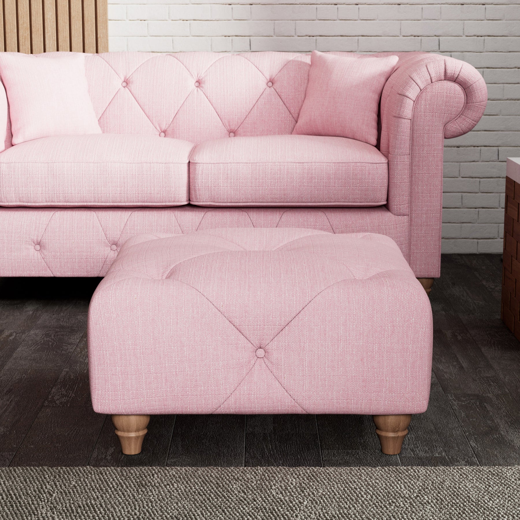 Everett Button Top Footstool Pink Walnut Feet from Roseland Furniture