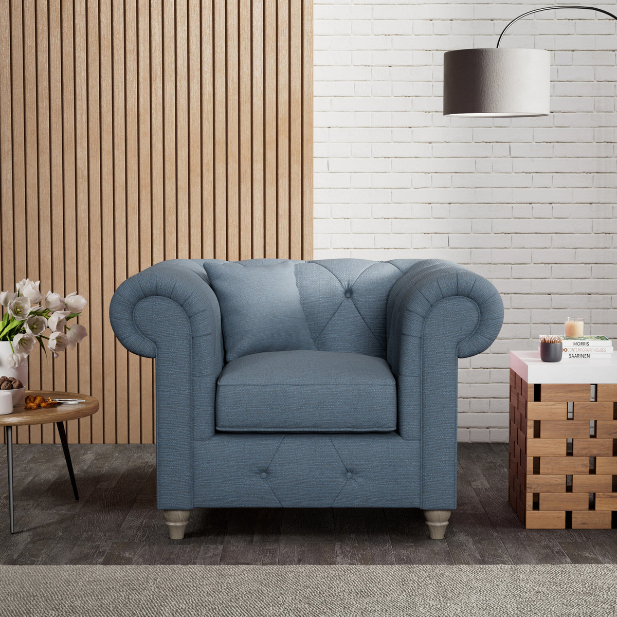 Everett Armchair Deep Blue Washed Oak Feet from Roseland Furniture