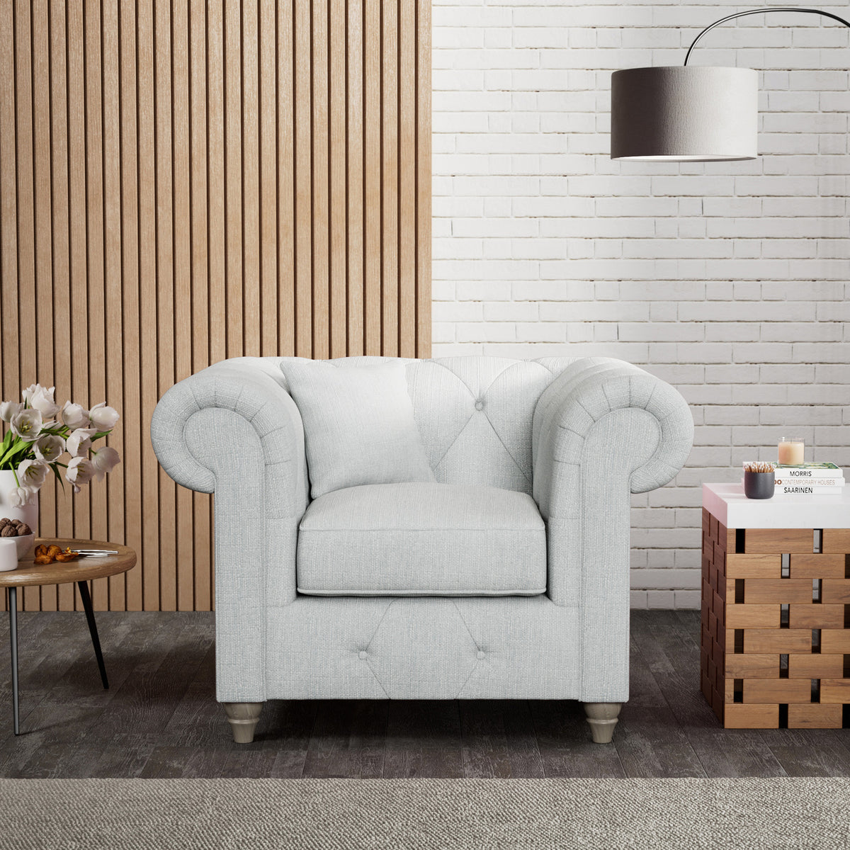 Everett Armchair Light Blue Washed Oak Feet from Roseland Furniture