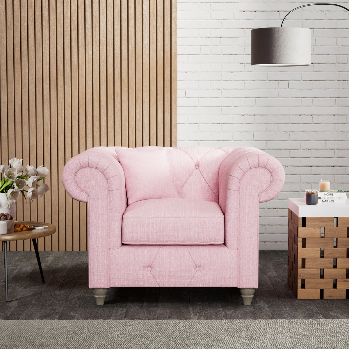 Everett Armchair Pink Washed Oak Feet from Roseland Furniture