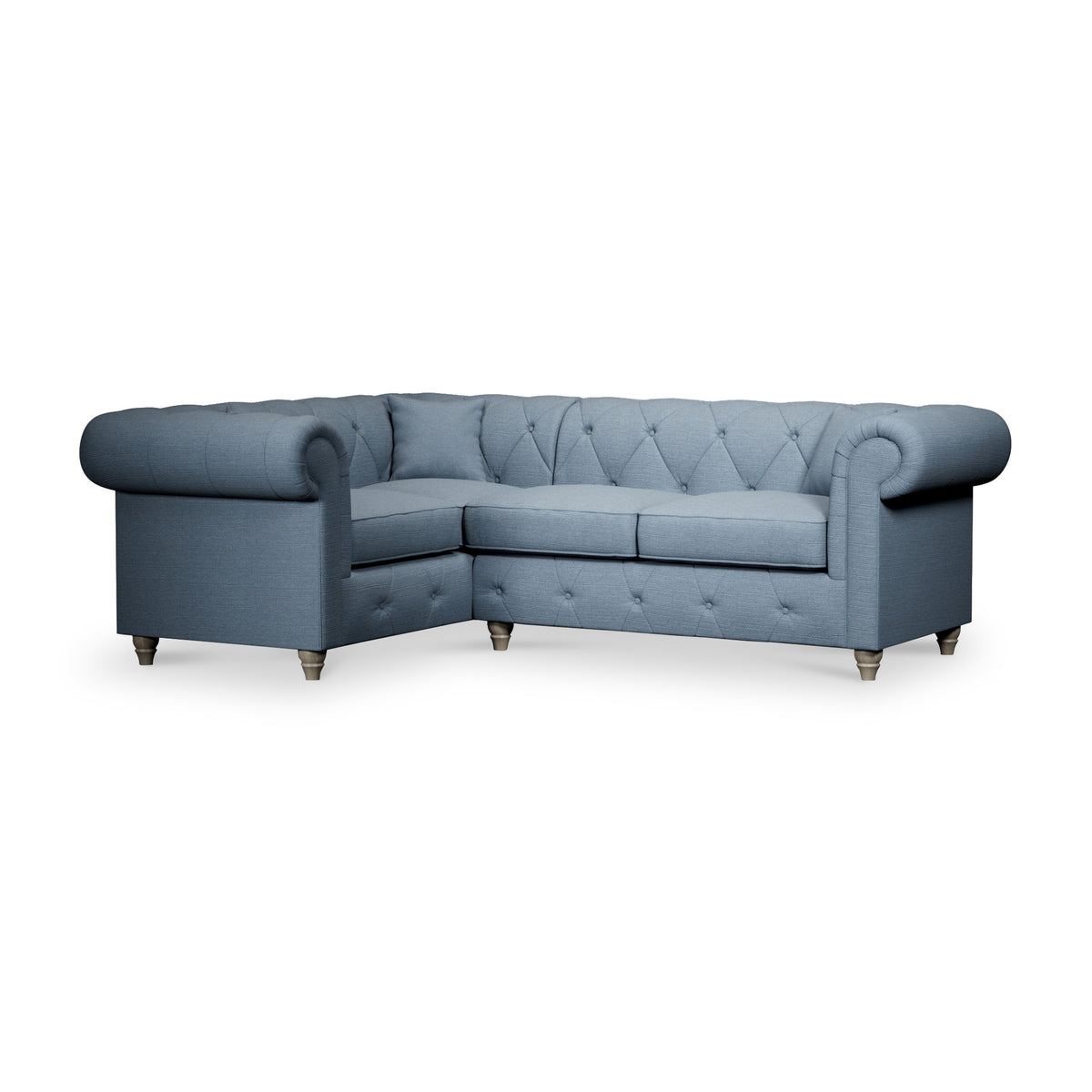 Everett Corner Sofa LH Deep Blue Washed Oak Feet from Roseland Furniture
