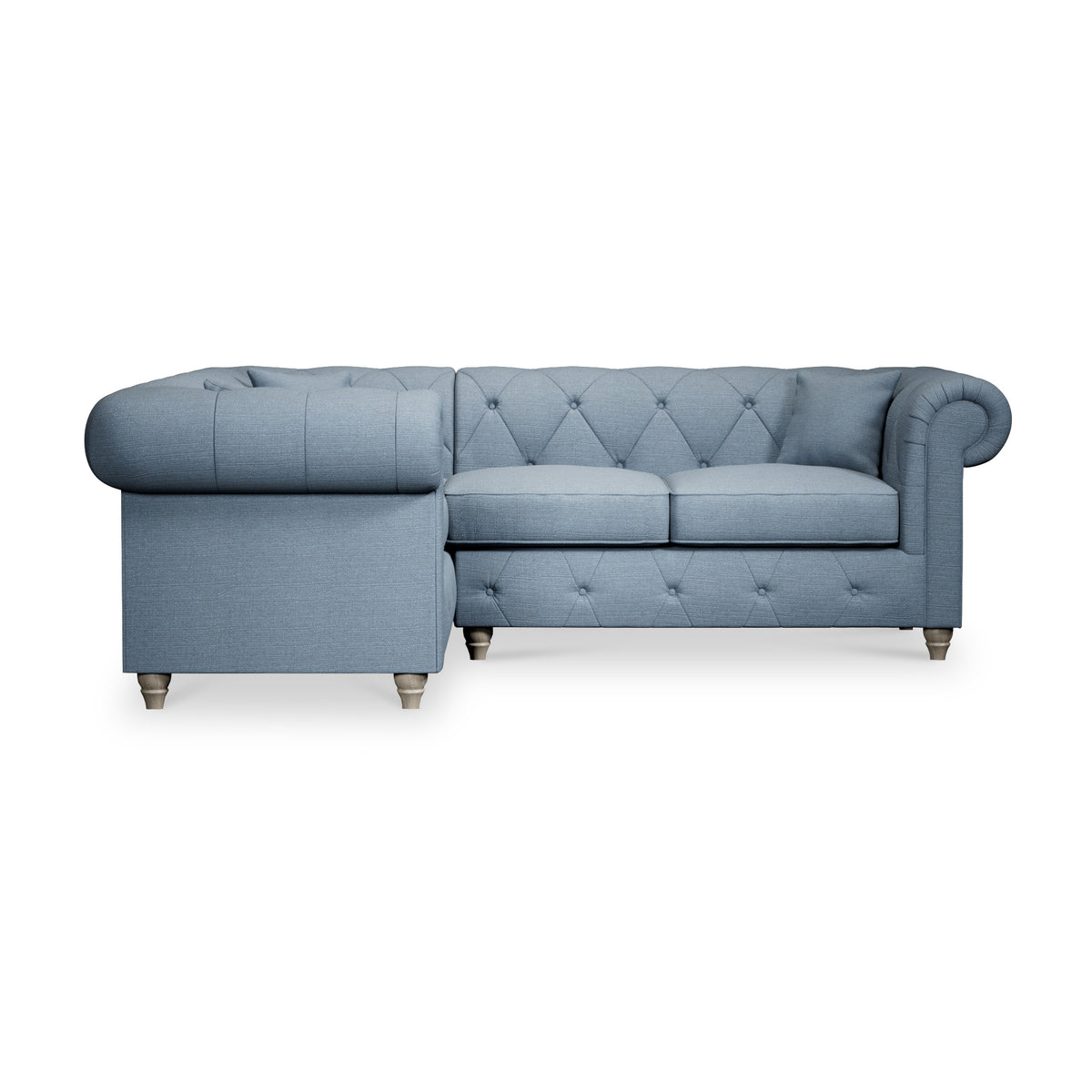 Everett Corner Sofa LH Deep Blue Washed Oak Feet from Roseland Furniture