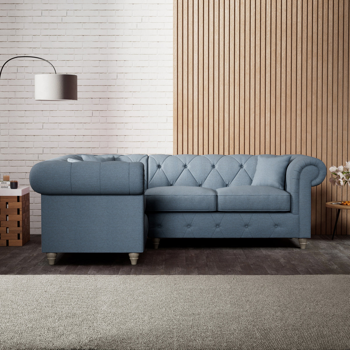 Everett Corner Sofa LH Deep Blue Washed Oak Feet from Roseland Furniture