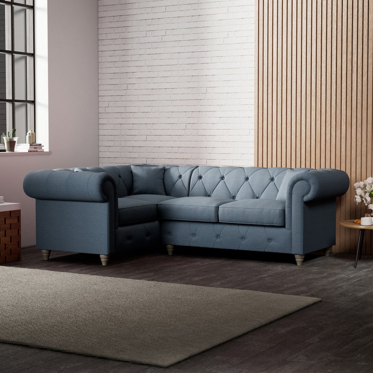 Everett Corner Sofa LH Deep Blue Washed Oak Feet from Roseland Furniture
