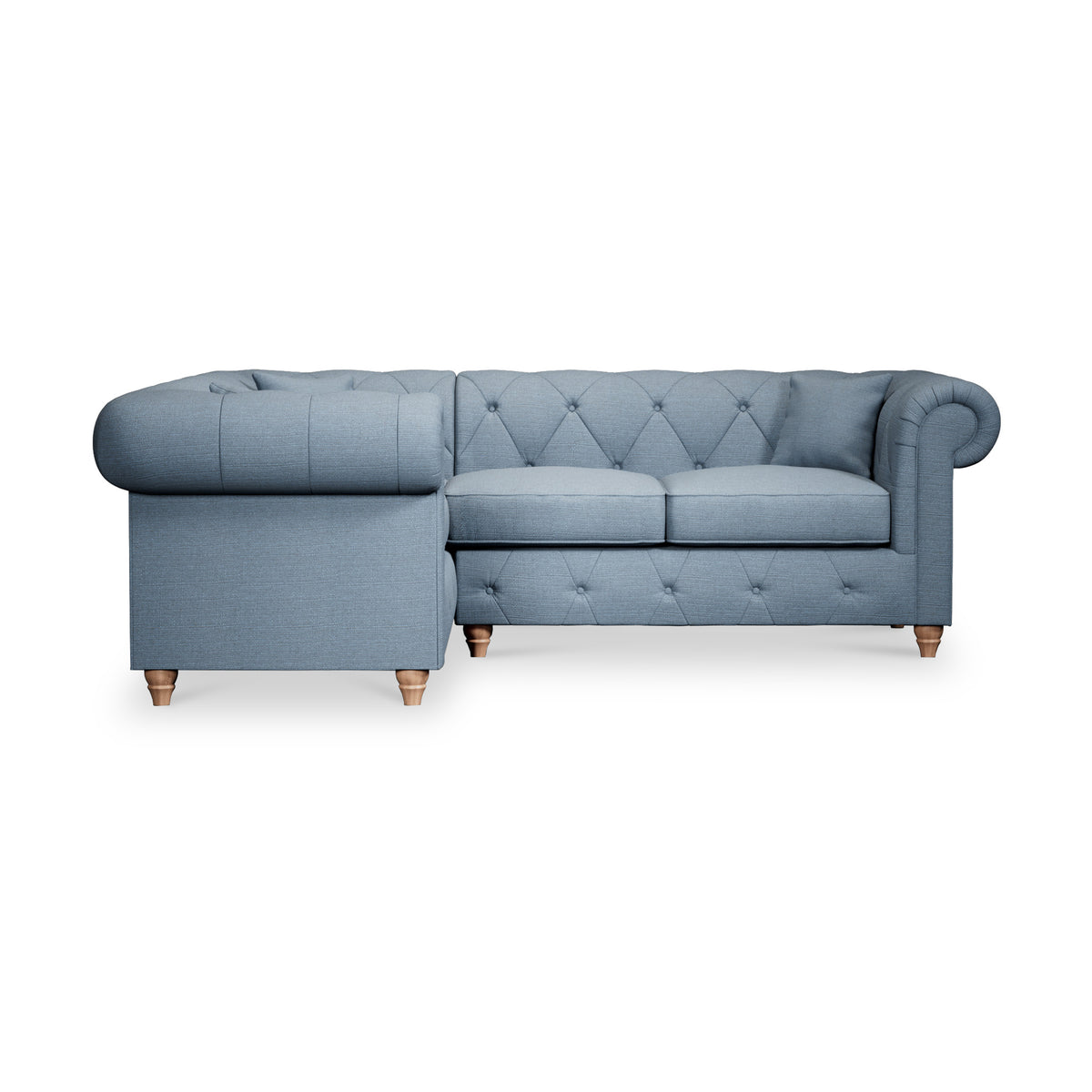 Everett Corner Sofa LH Deep Blue Walnut Feet from Roseland Furniture