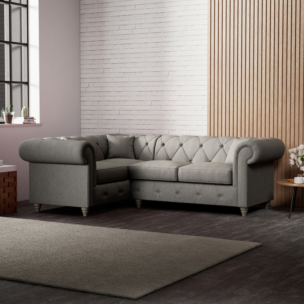 Everett Corner Sofa LH Granite Washed Oak Feet from Roseland Furniture
