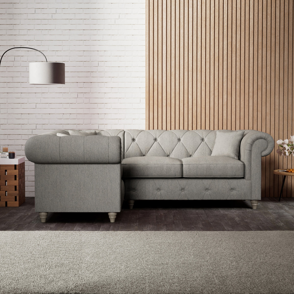 Everett Corner Sofa LH Granite Washed Oak Feet from Roseland Furniture
