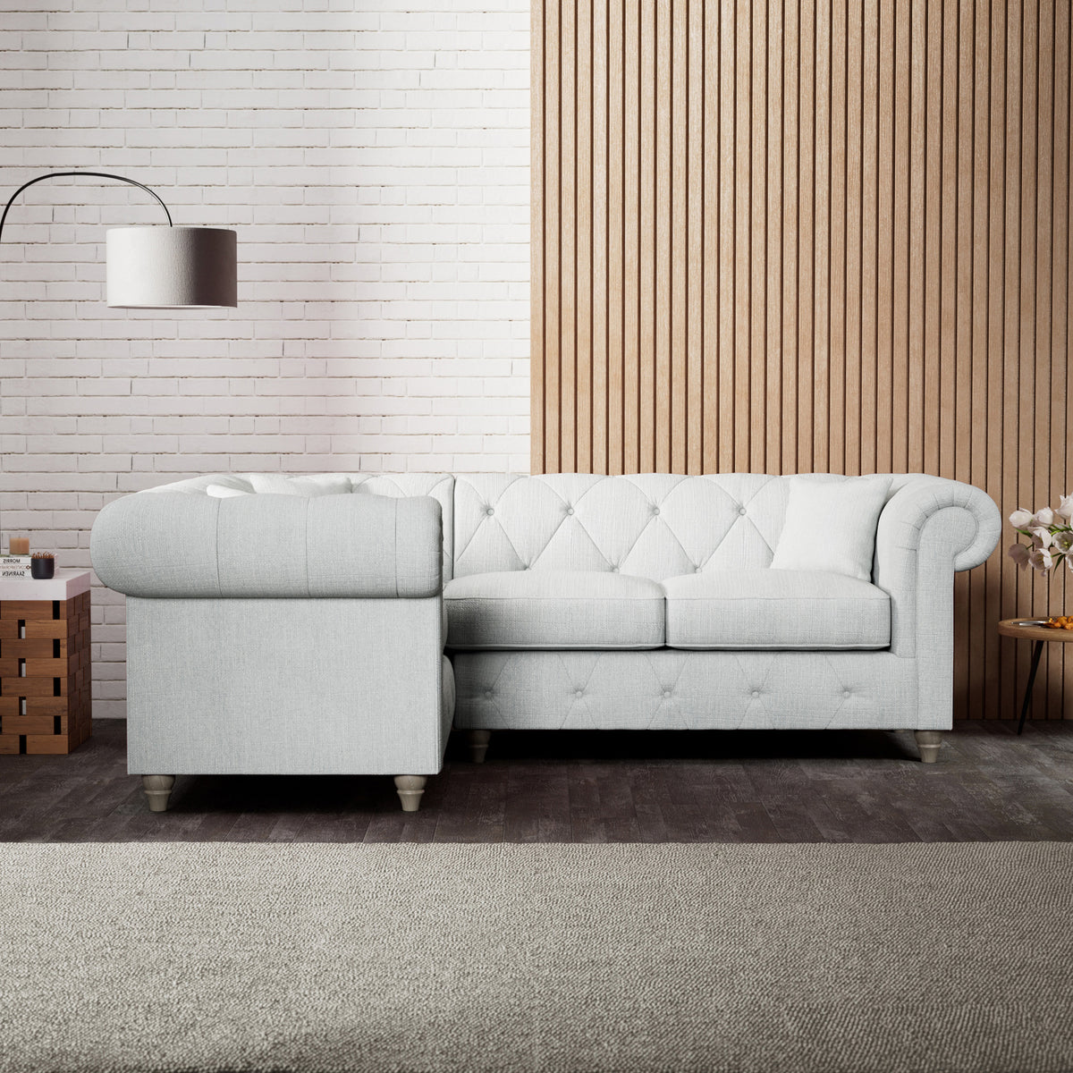Everett Corner Sofa LH Light Blue Washed Oak Feet from Roseland Furniture