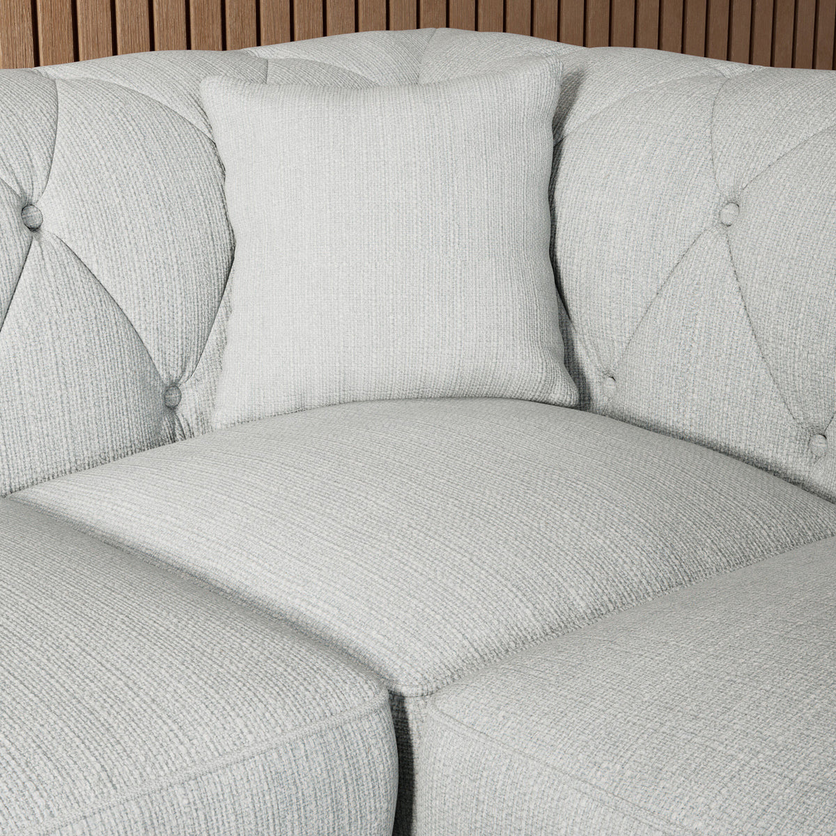 Everett Corner Sofa LH Light Blue Walnut Feet from Roseland Furniture