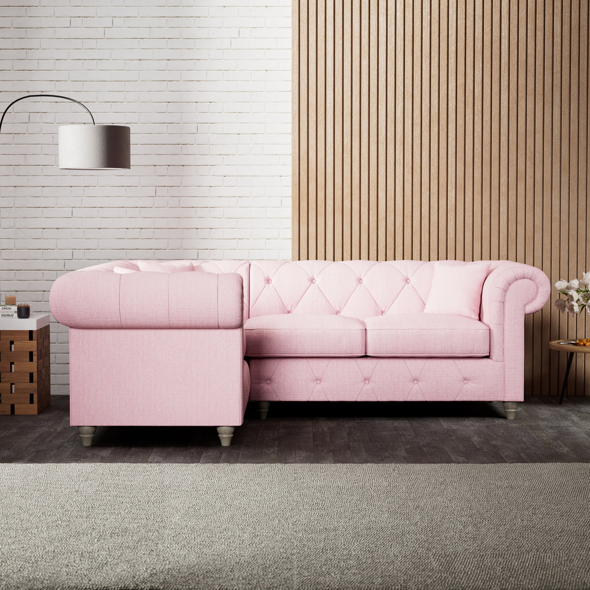 Everett Corner Sofa LH Pink Washed Oak Feet from Roseland Furniture