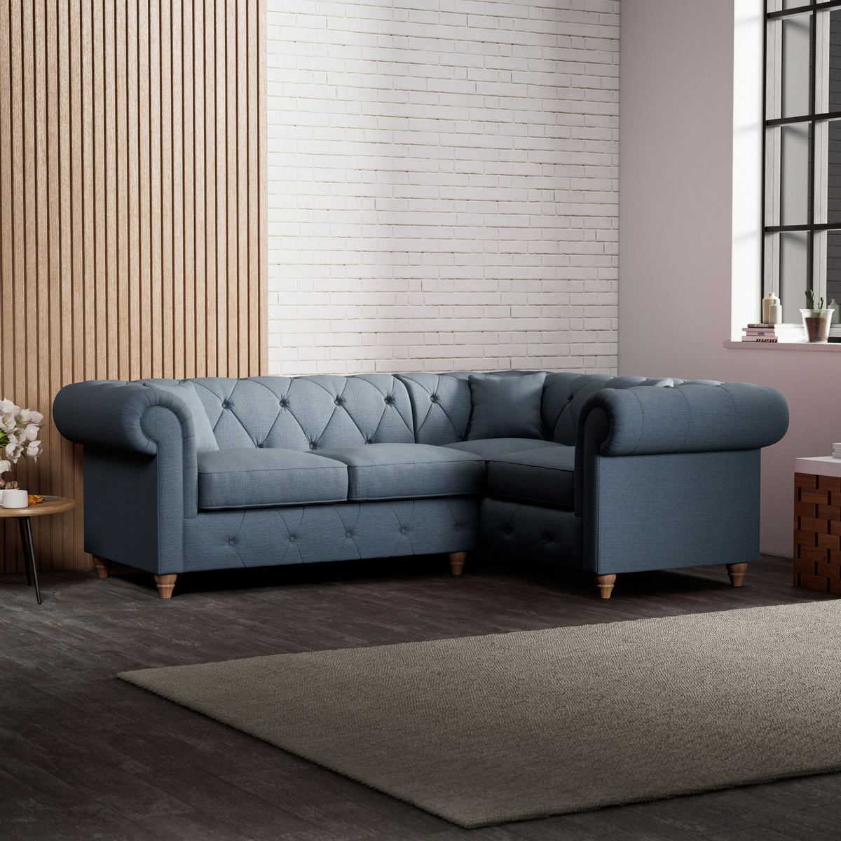 Everett Corner Sofa RH Deep Blue Walnut Feet from Roseland Furniture