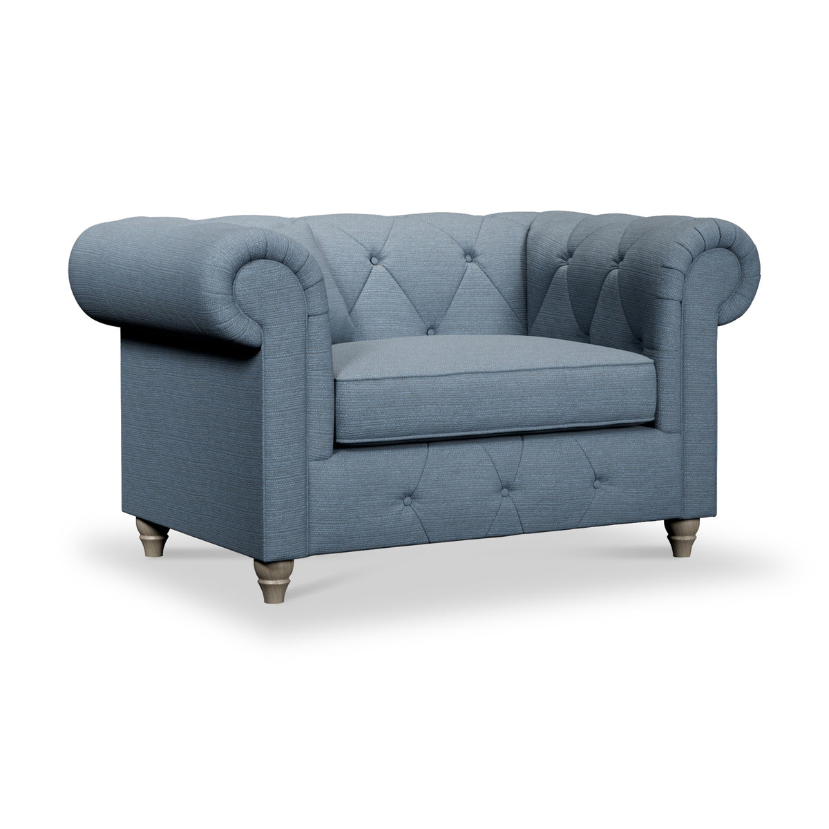 Everett Snuggler Chair Deep Blue Washed Oak Feet from Roseland Furniture