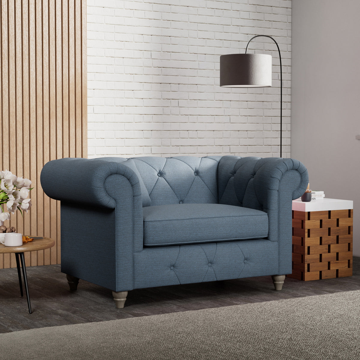 Everett Snuggler Chair Deep Blue Washed Oak Feet from Roseland Furniture