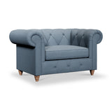 Everett Snuggler Chair Deep Blue Walnut Feet from Roseland Furniture