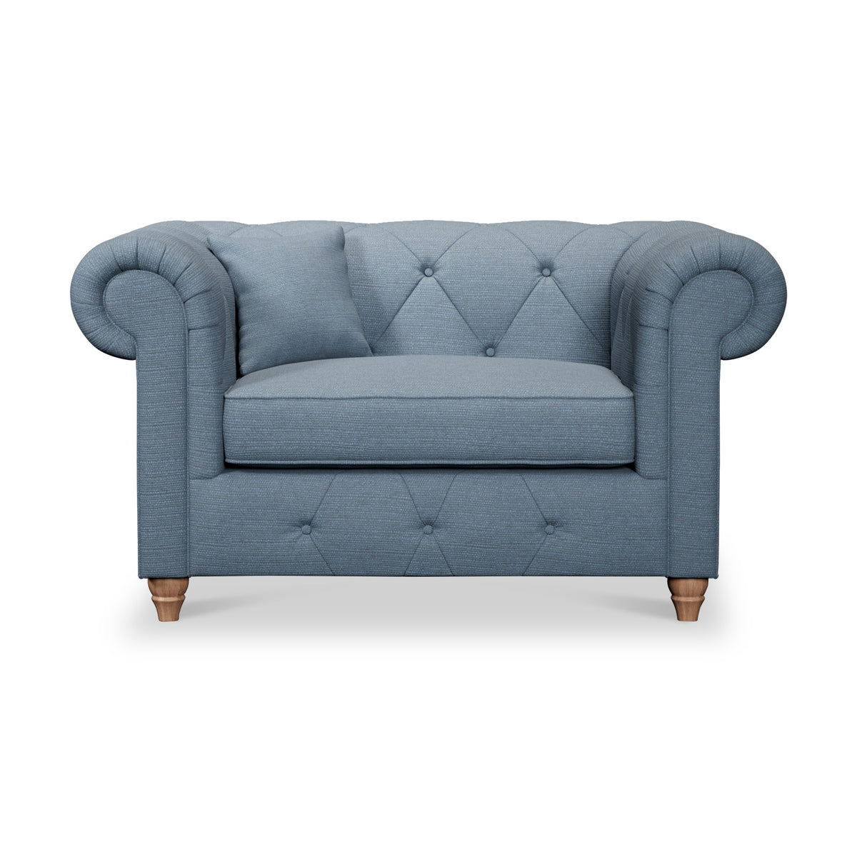 Everett Snuggler Chair Deep Blue Walnut Feet from Roseland Furniture