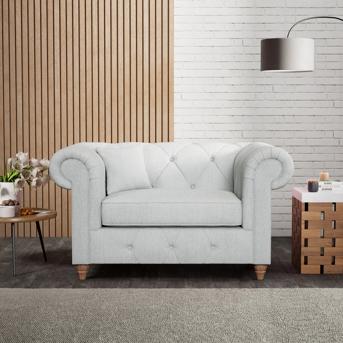 Everett Snuggler Chair Light Blue Walnut Feet from Roseland Furniture