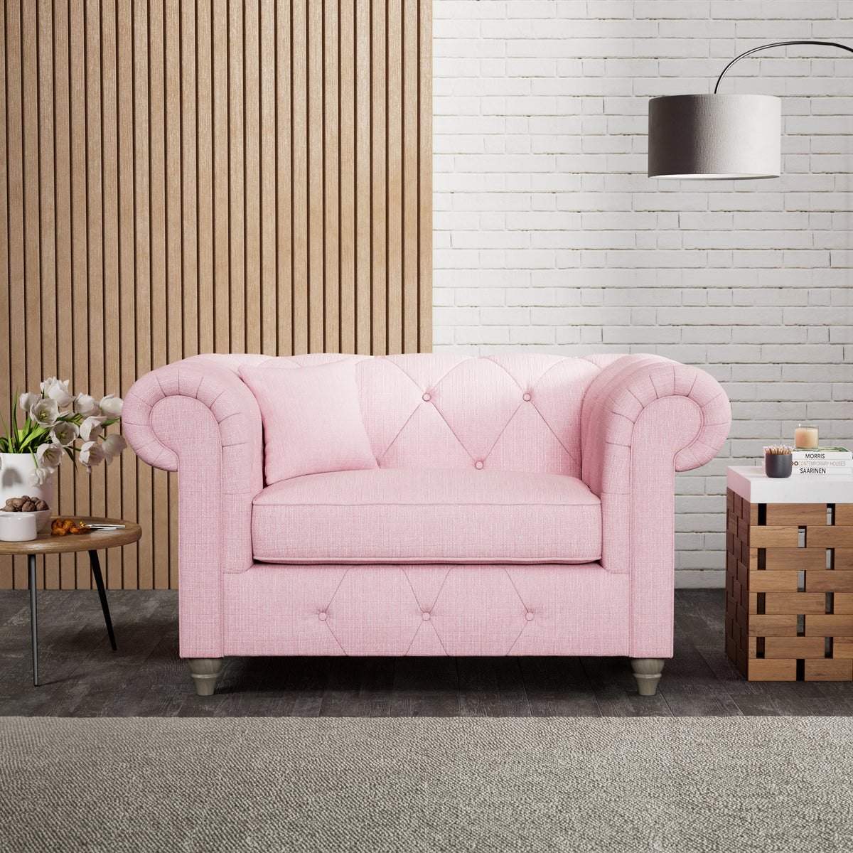 Everett Snuggler Chair Pink Washed Oak Feet from Roseland Furniture