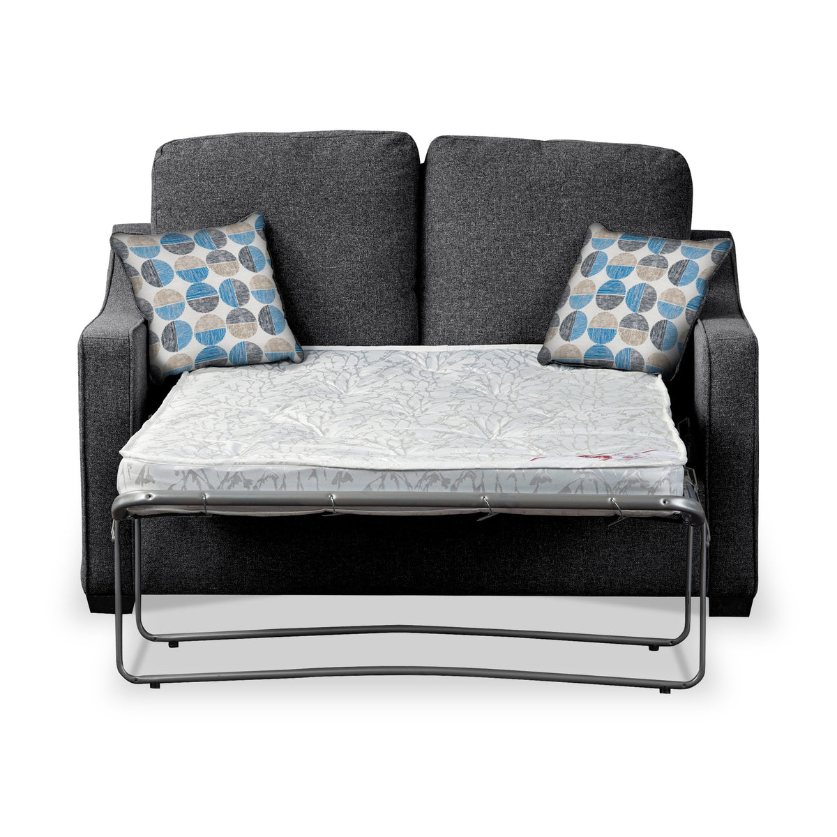 Charlcote Charcoal Faux Linen 2 Seater Sofabed with Blue Scatter Cushions from Roseland Furniture