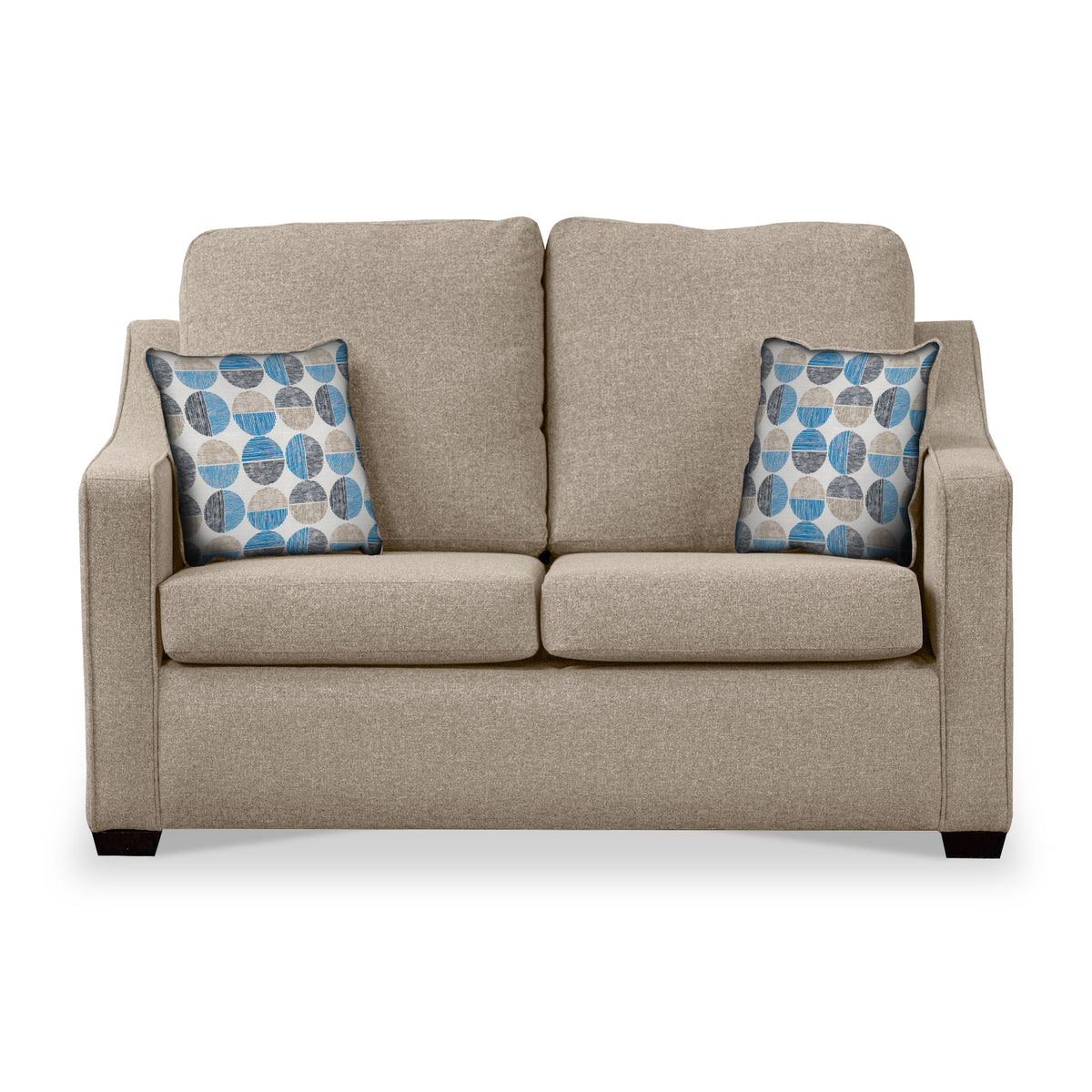 Charlcote Oatmeal Faux Linen 2 Seater Sofabed with Blue Scatter Cushions from Roseland Furniture