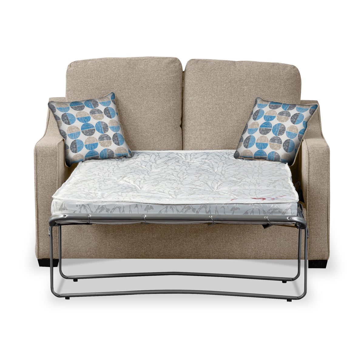 Charlcote Oatmeal Faux Linen 2 Seater Sofabed with Blue Scatter Cushions from Roseland Furniture