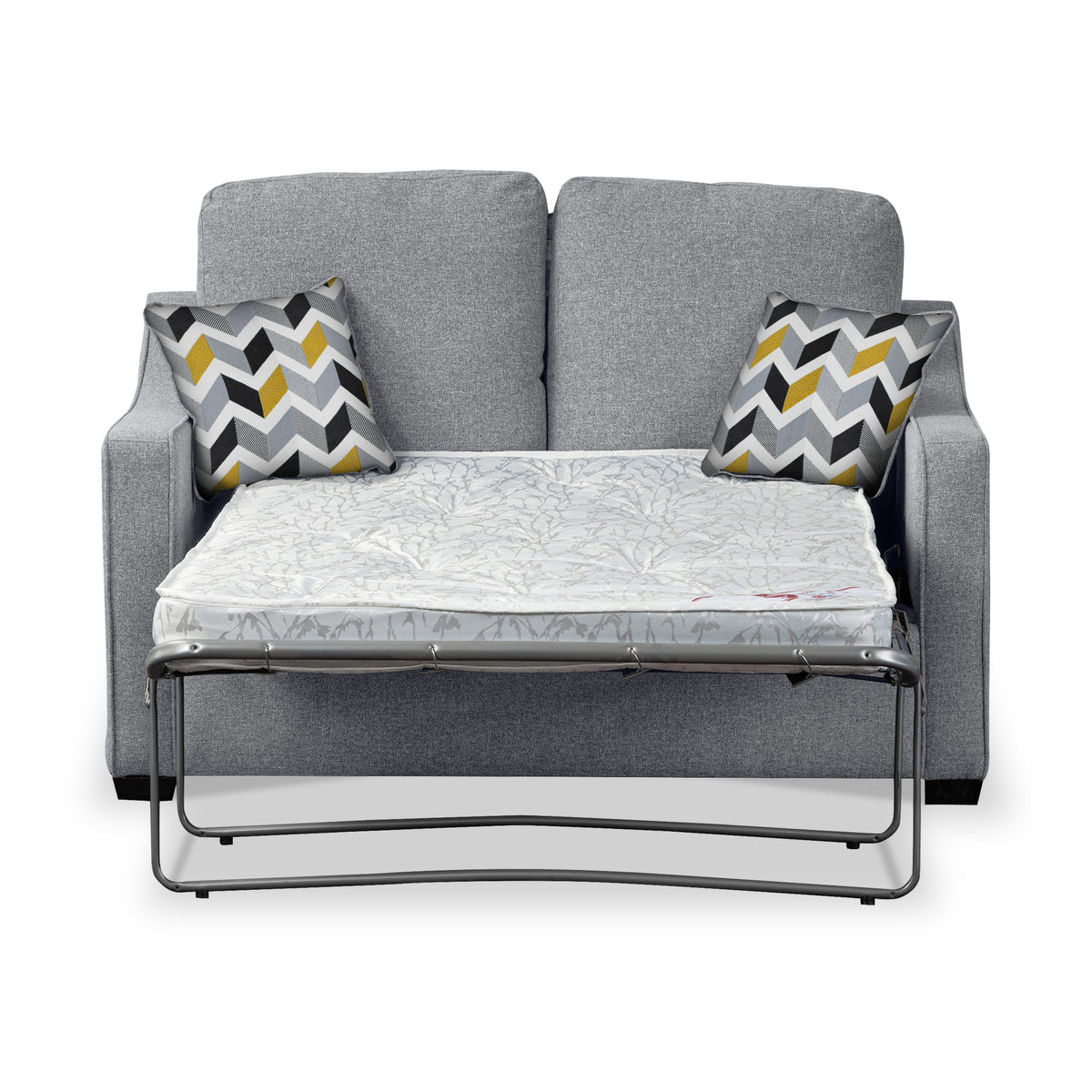 Charlcote Silver Faux Linen 2 Seater Sofabed with Mustard Scatter Cushions from Roseland Furniture