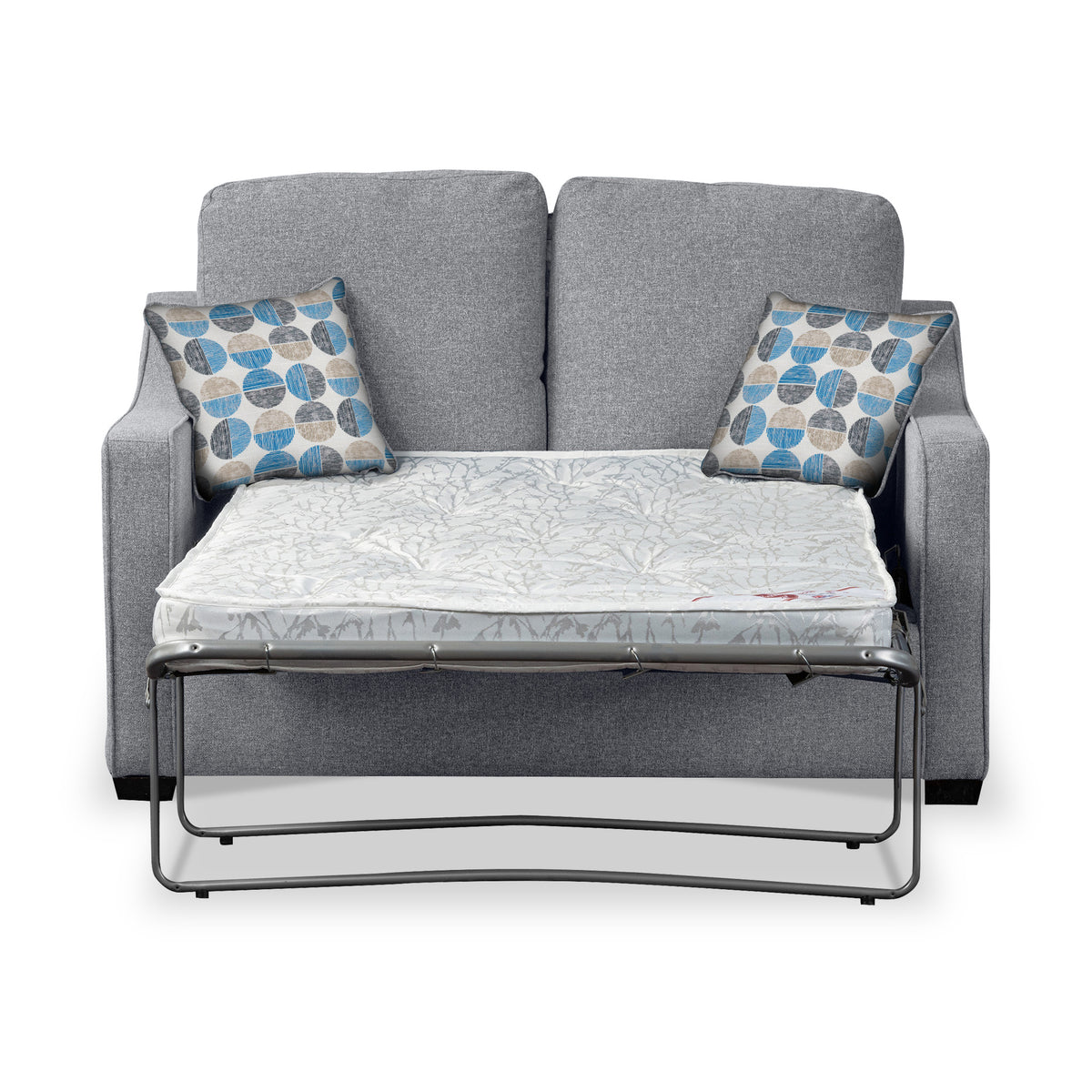 Charlcote Silver Faux Linen 2 Seater Sofabed with Blue Scatter Cushions from Roseland Furniture