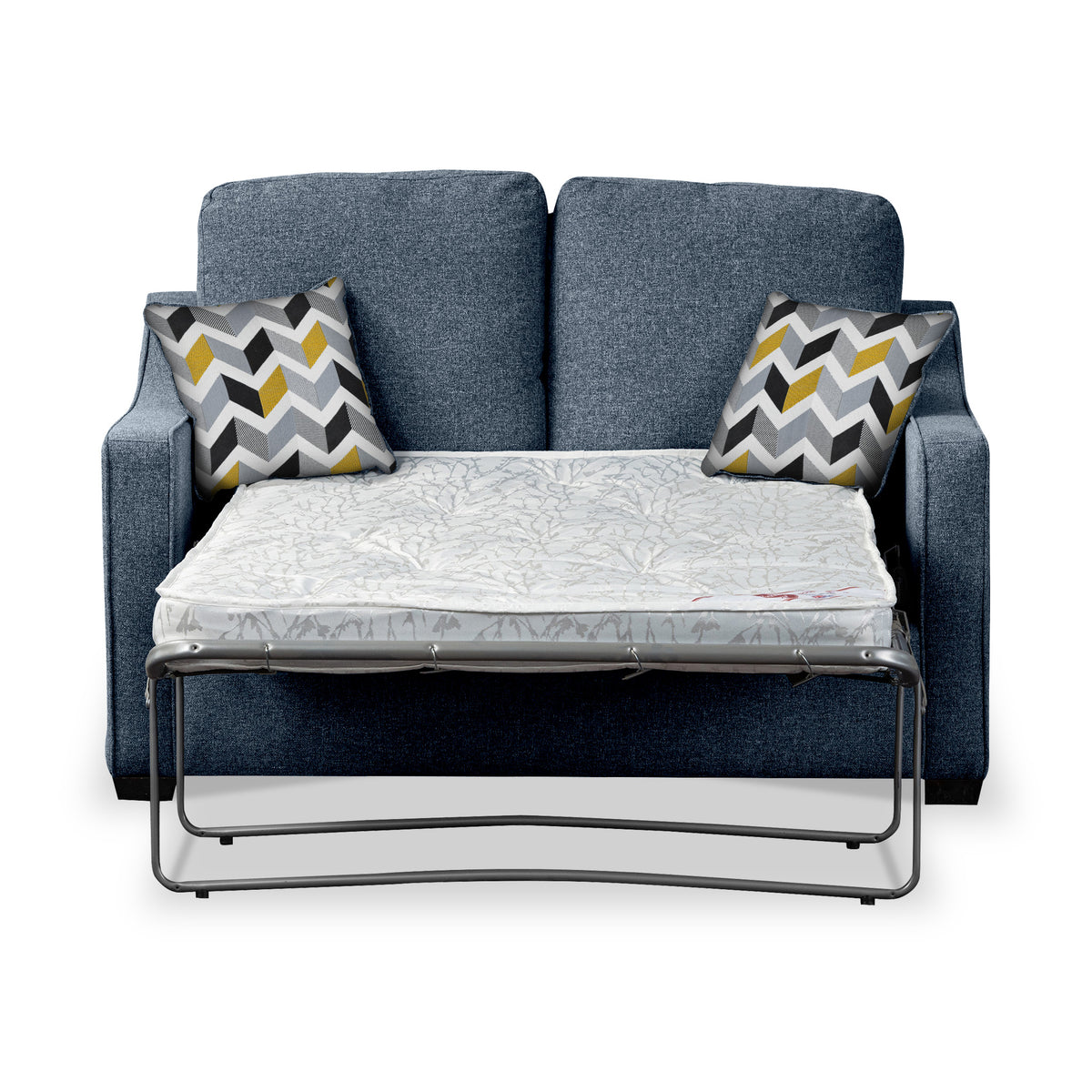 Fenton Midnight Soft Weave 2 Seater Sofabed with Mustard Scatter Cushions from Roseland Furniture