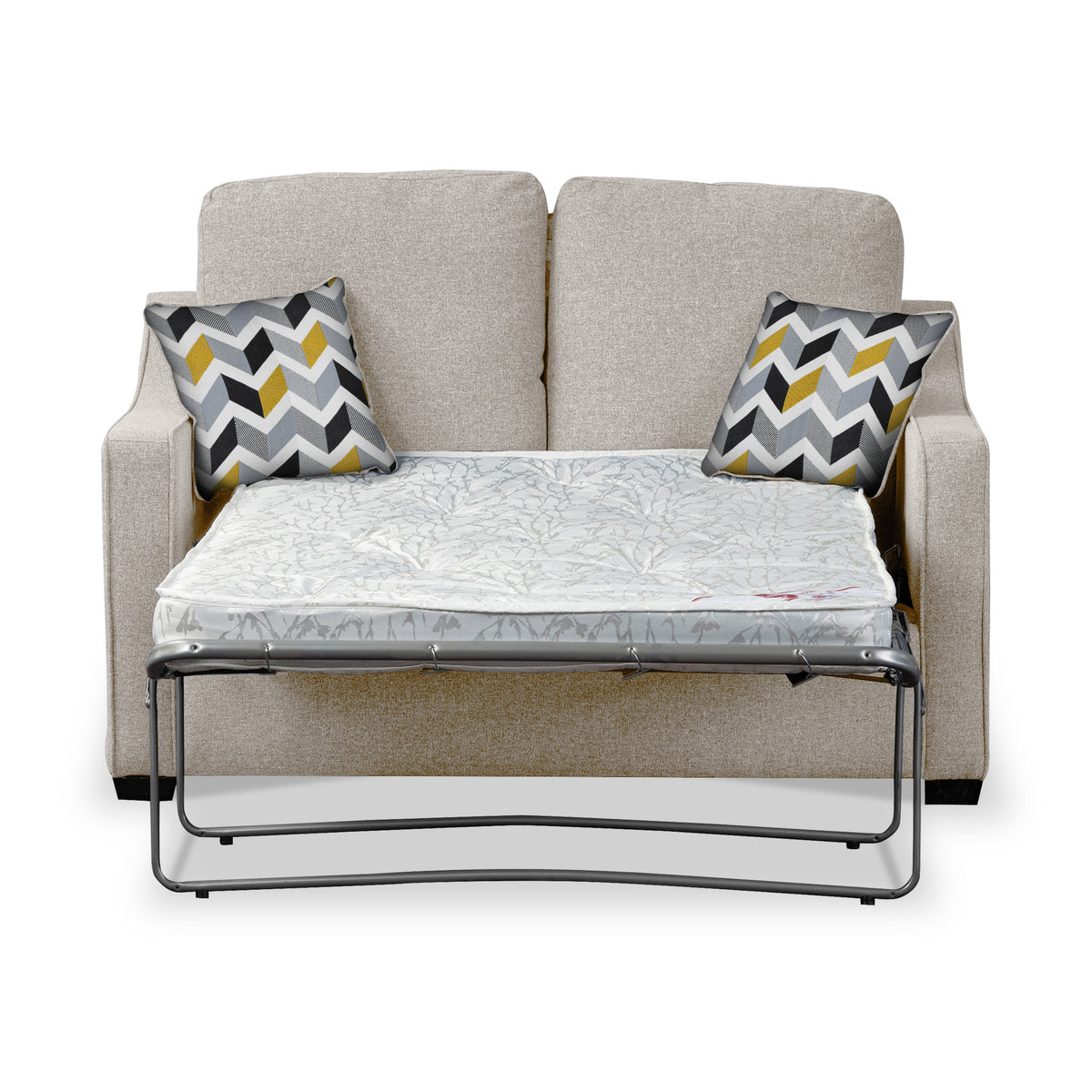 Fenton Oatmeal Soft Weave 2 Seater Sofabed with Mustard Scatter Cushions from Roseland Furniture